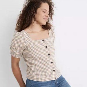 Madewell Square-Neck Puff-Sleeve Top in Gingham Check - Size Small